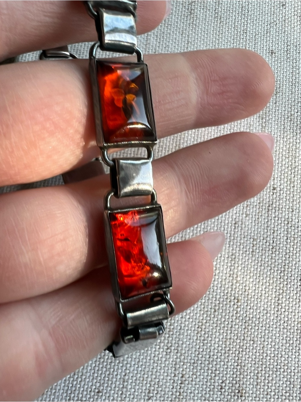 Sterling Silver Deep Cognac Red Amber Link Bracelet 6.75" Wrist 17g